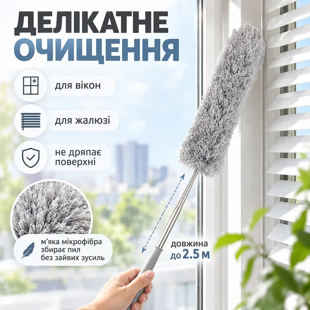 Телескопічна щітка для прибирання пилу до 2,5 м з насадкою з мікрофібри — гнучка щітка для стелі, шаф KT9004302 - фото 10