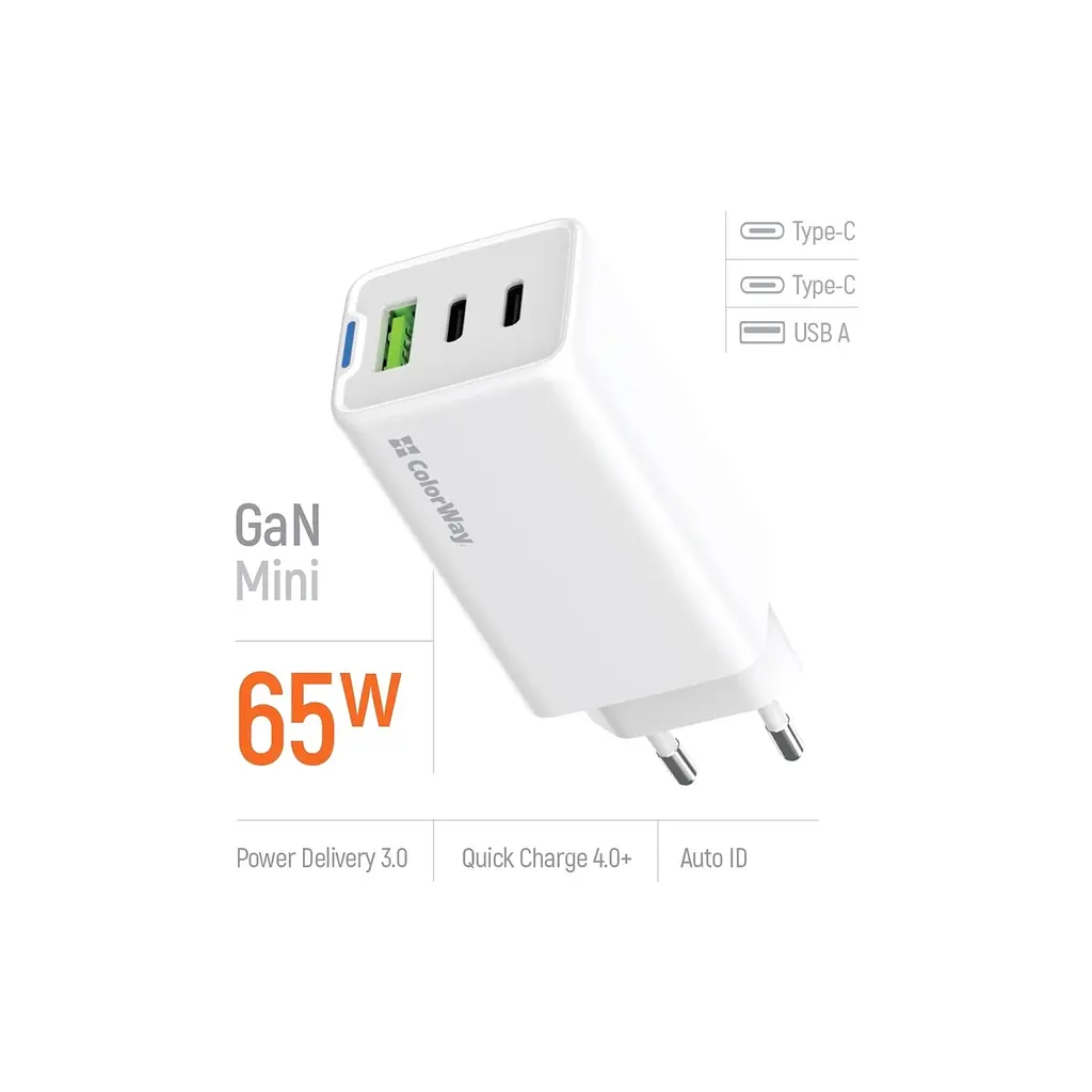Зарядний пристрій ColorWay GaN Mini 65W PD Port PPS USB (USB-2C1A) white (CW-CHS058PD-WT) - фото 8