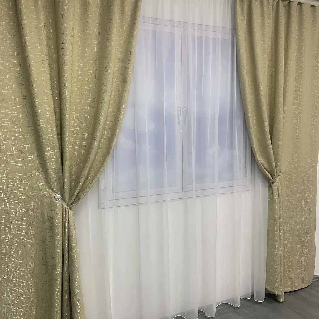 Льняні мармурові блекаут штори золотистого кольору 2шт. 150х270 з білим шифоновим тюлем 400х270, на т ALBO pbe0052664 - фото 7