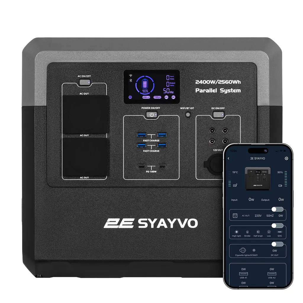 2E Портативна електростанція Syayvo 2400 Вт, 2560 Вт/год, WiFi/BT, паралельне підключення, швидка зарядка - фото 7