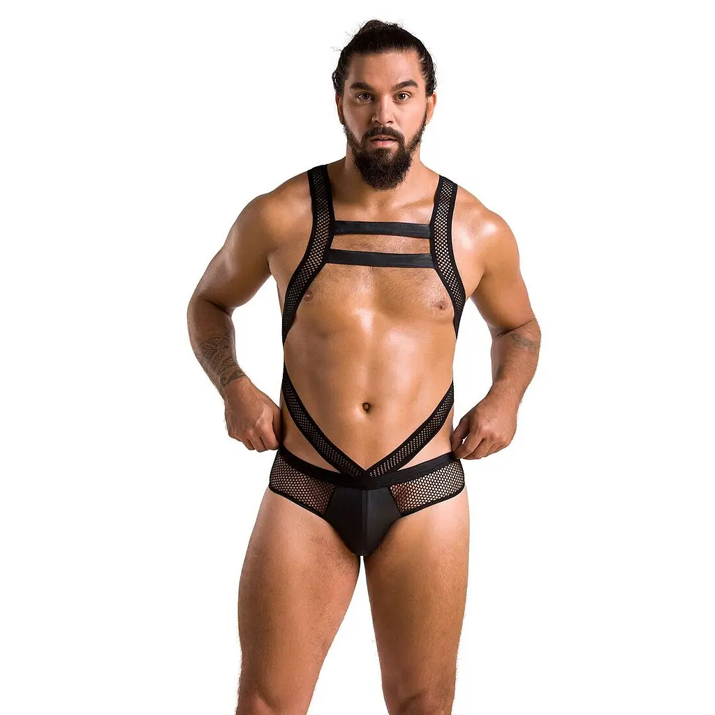 Чоловіче еротичне сітчасте боді Passion 045 VICTOR XXL/XXXL Black, екошкіра, сітка - фото 3