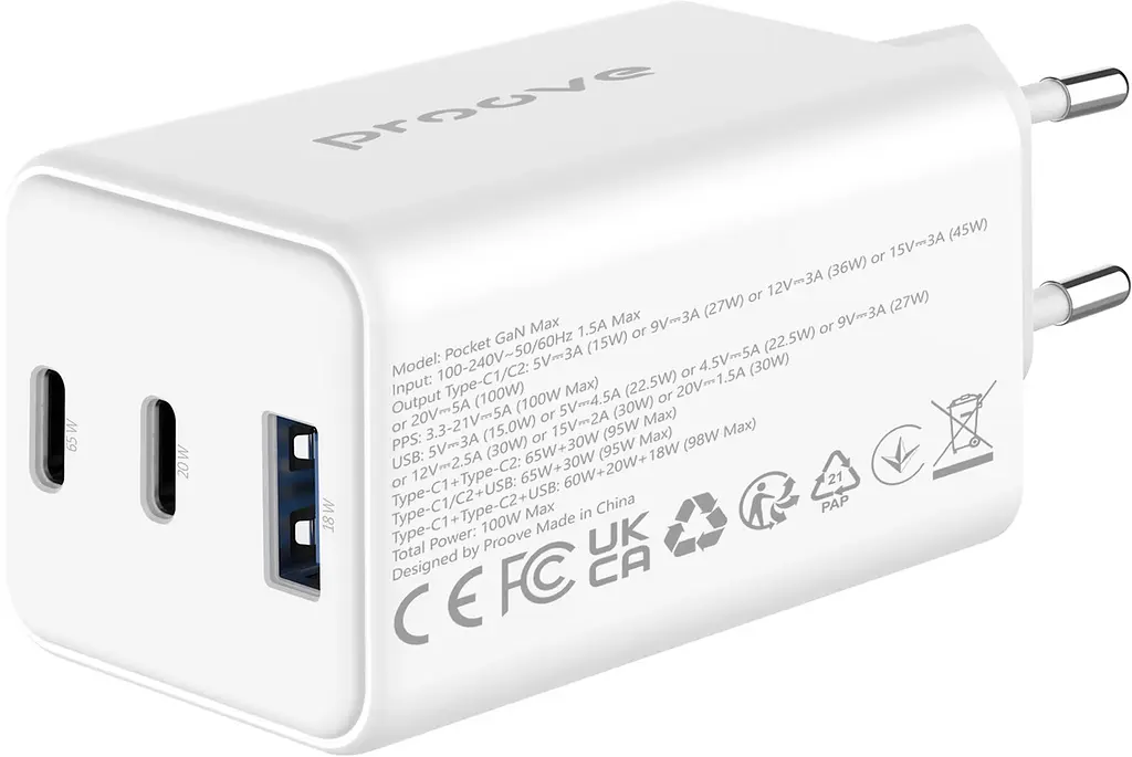 Зарядний пристрій блоків Proove Pocket GaN 65W 3 порти USB-A + 2USB-C білий (WCPG65121202) - фото 4