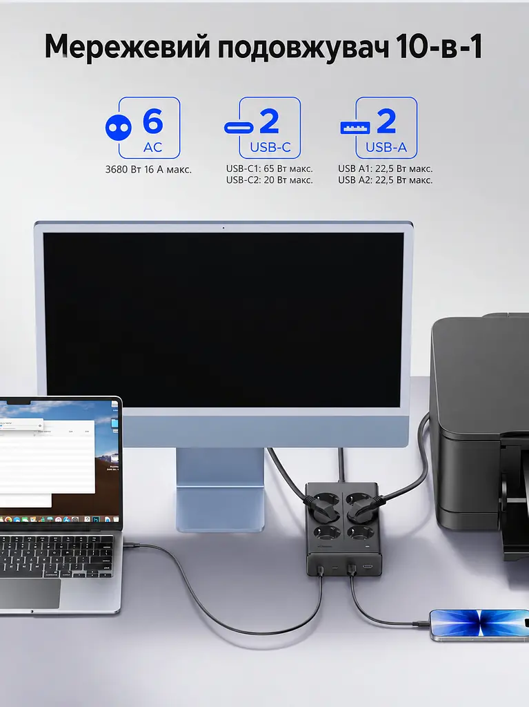 Мережевий фільтр із USB-заряджанням UGREEN S652 1,5 м подовжувач 6 розеток Schuko 2×USB-C + 2×USB-A навантаження розеток до 3680 Вт USB сумарно до 65 Вт USB-C1 PD 3.0 PPS до 65 Вт при окремому використанні із загальним вимикачем із захисними шторками розеток з можливістю настінного кріплення розетки під кутом 45° темно-сірий (55286) - фото 3