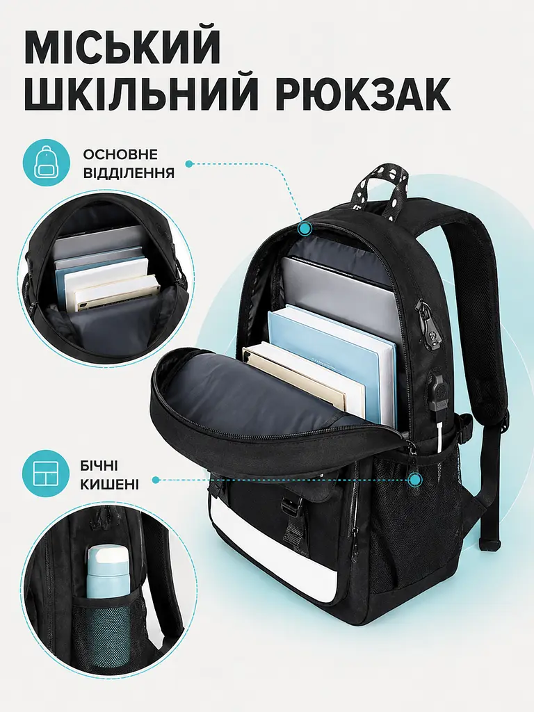 Рюкзак міський шкільний Fortnite 46×30×14 см для ноутбука, А4, з USB і світним малюнком, чорний (49676328) - фото 7