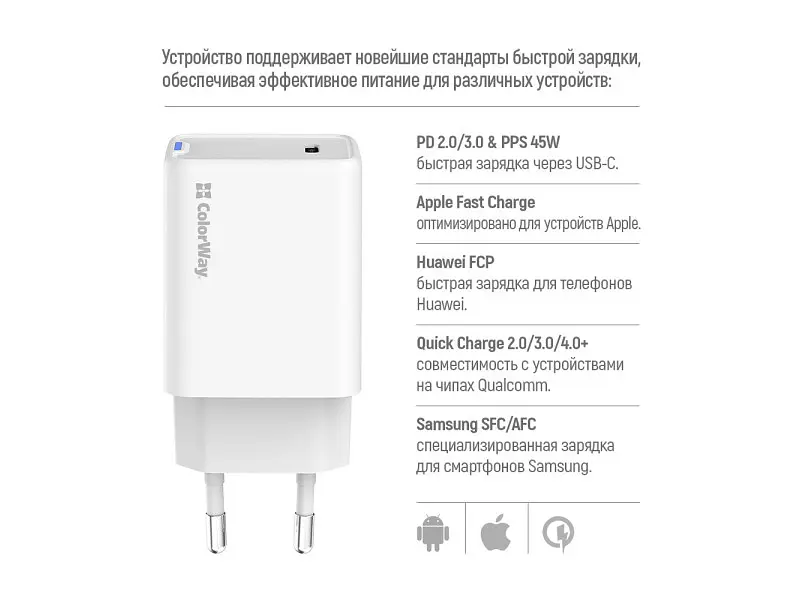Мережевий зарядний пристрій ColorWay GaN Mini 45 W White (CW-CHS057PD-WT) - фото 5