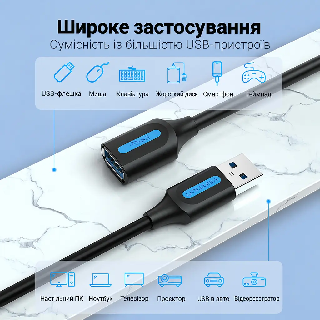 Кабель-подовжувач Vention CBHBF USB 3.0 Type-A 1 м чорний (CBHBF) - фото 5