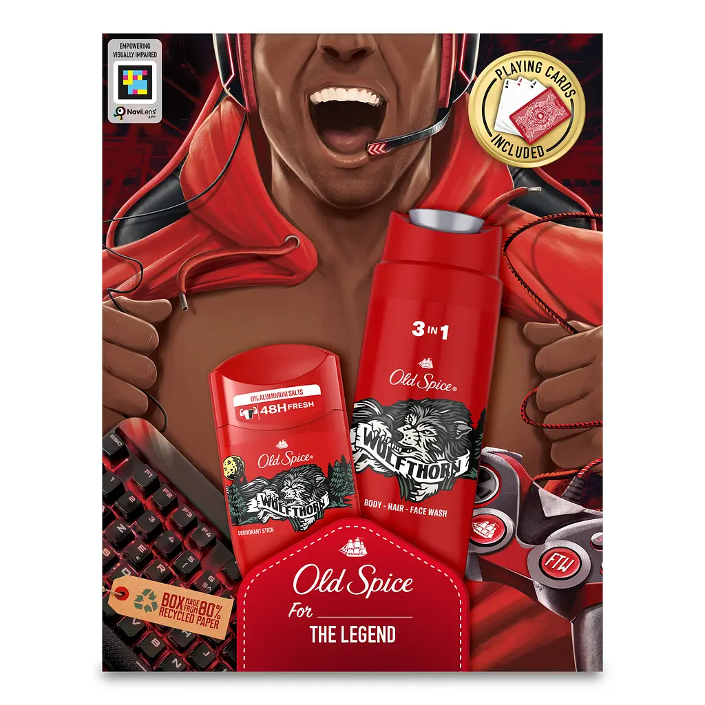 Подарунковий набір для чоловіків Old Spice Wolfthorn Gamer: твердий дезодорант 50 мл + гель для душу 3 в 1 250 мл + гральні карти - фото 2