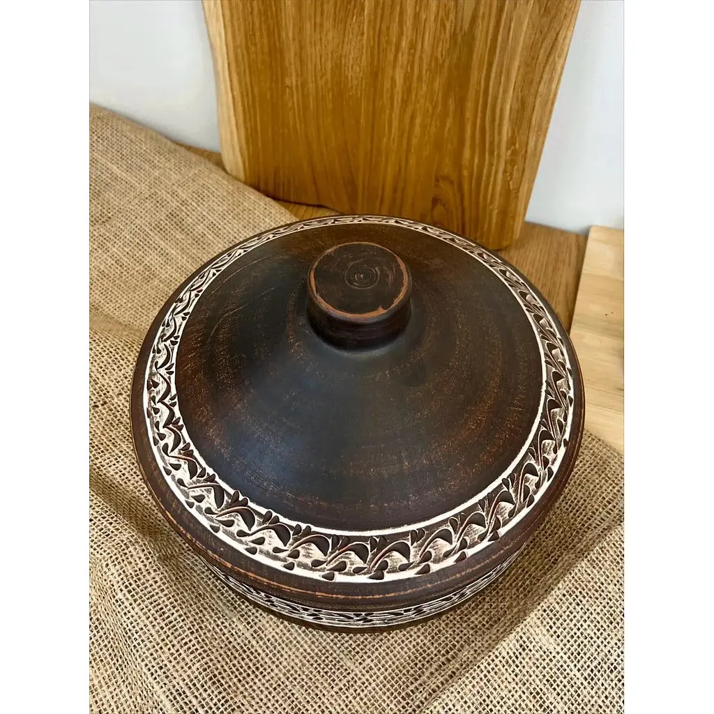 Сковорода 3 літри керамічна (глиняна) з кришкою різьблена   - фото 4