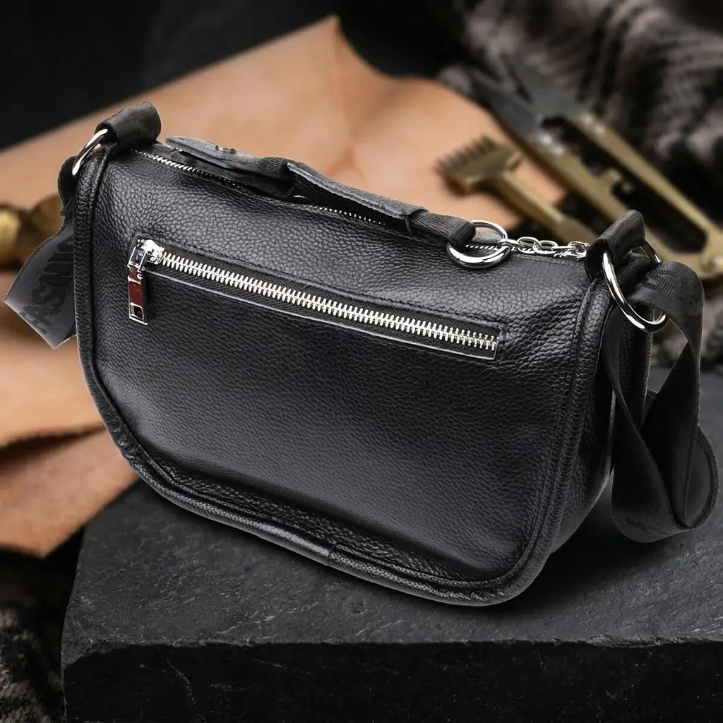 Жіноча сумка із заокругленими краями з натуральної шкіри Vintage 22253 чорна - фото 3