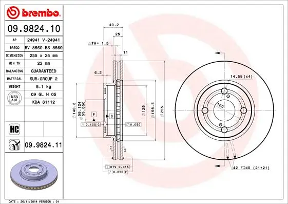 Диск гальмівний вентильований Toyota Corolla 00-08р Brembo (09.9824.10) - фото 2