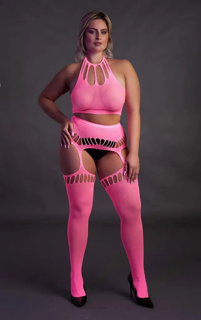 Комплект білизни Ouch! Two Piece with Crop Top and Stockings, XL/XXXXL (рожевий) - фото 6