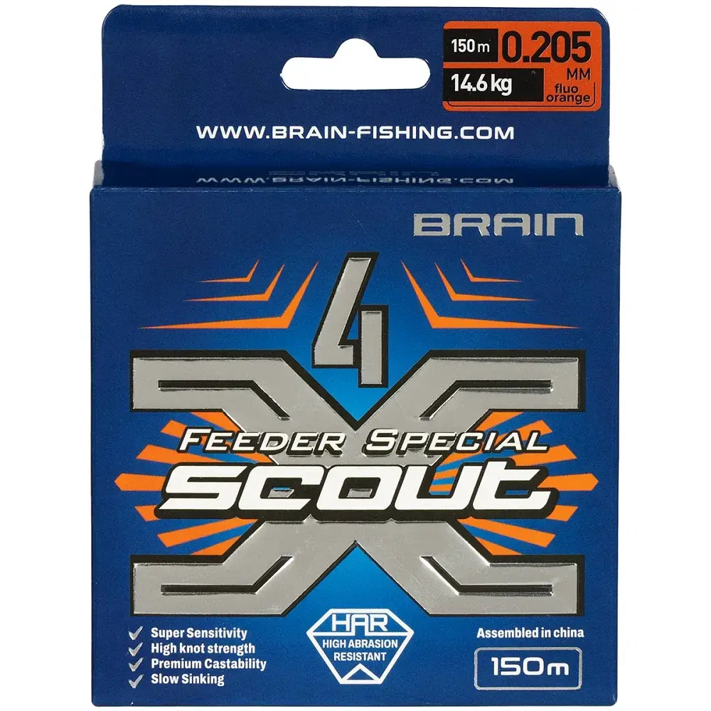Шнур Brain Scout 4X 150 м (fluoro Orange) 0.205 мм 14.6 кг - фото 2