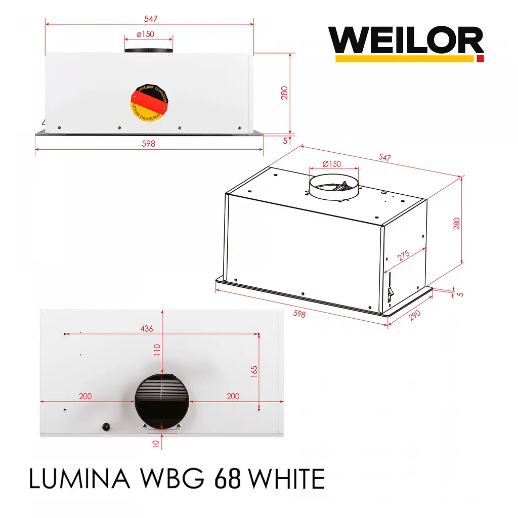 Витяжка повновбудована WEILOR LUMINA WBG 68 WHITE - фото 15