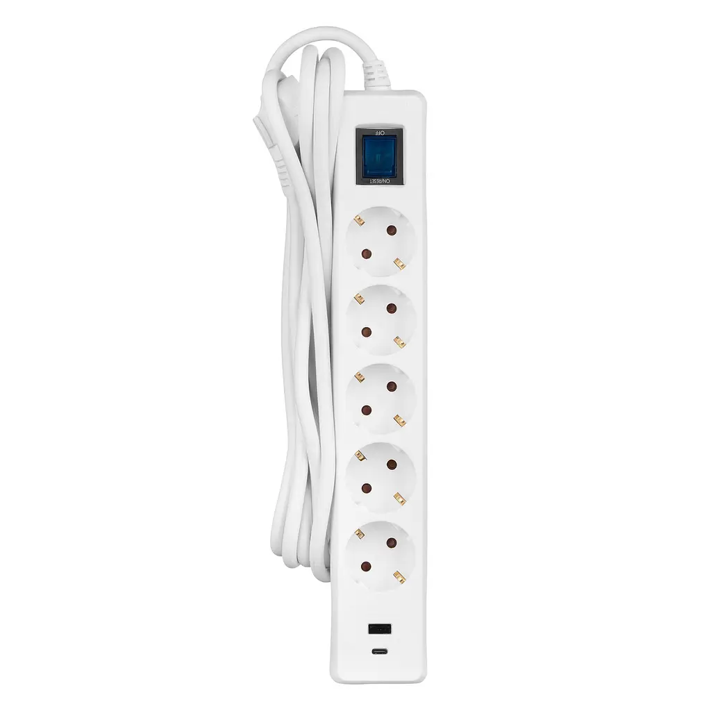 Мережевий фільтр 2E 5хSchuko, 1 х USB, 1 x USB-C, 3 м (2E-SP515M3USBWH)