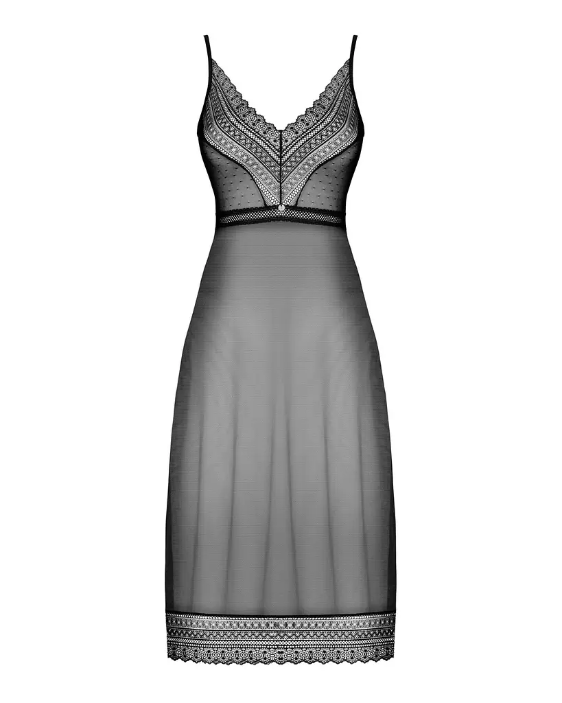 Напівпрозора довга сорочка Obsessive Estiqua chemise M/L, чорний, асиметричний крій - фото 5