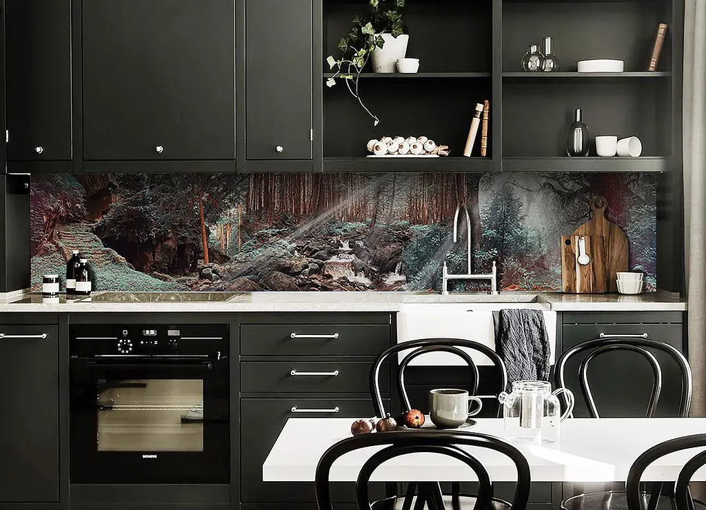 Кухонний фартух самоклеючий Ліс Сонячне проміння наклейка ПВХ дерева зелений 60х250 см Happy Pocket Z180371 - фото 4