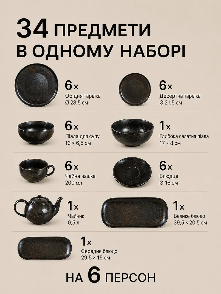 Столовий сервіз керамічний на 34 предмети для 6 персон обідній для сервірування чорний з ефектом іржі (37255594) - фото 6