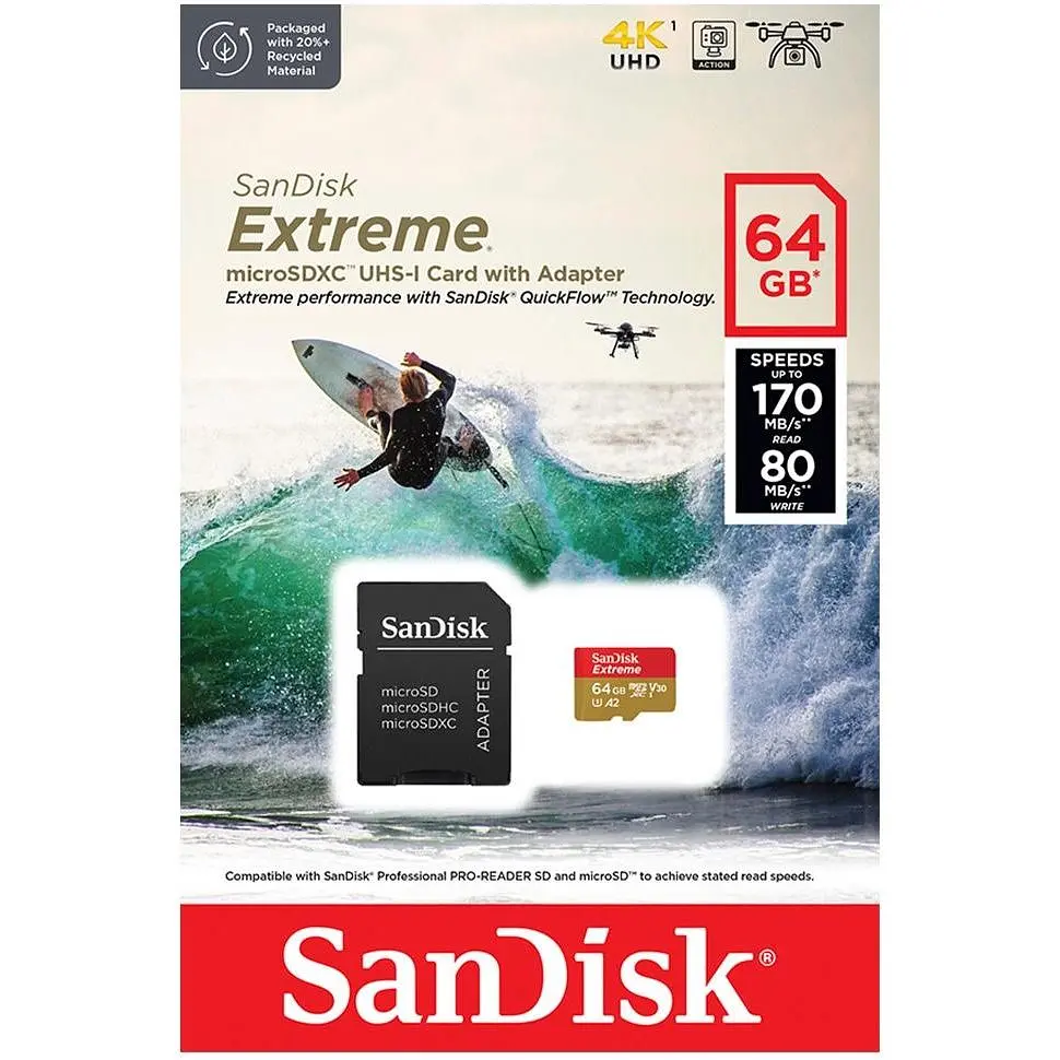 Карта пам'яті SanDisk Extreme microSDXC 64GB UHS-I U3 A2 V30 + SD Adapter (SDSQXAH-064G-GN6AA) [174298] - фото 6