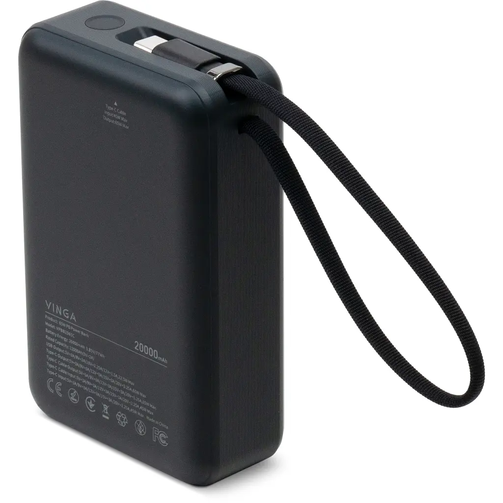 Батарея універсальна Vinga 20000 mAh 65W Display USB-C Cable Grey (VPBB2065C) - фото 3