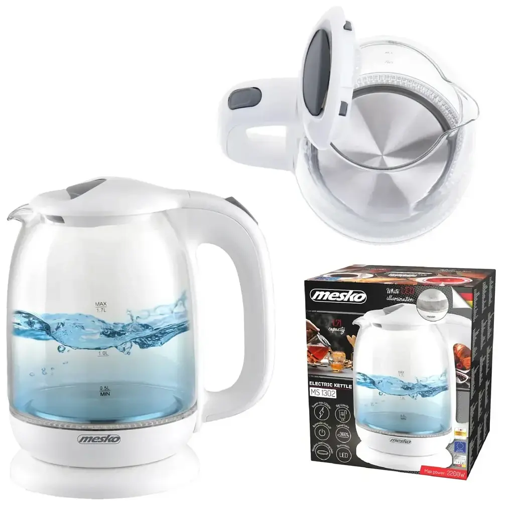 Скляний електрочайник Mesko MS 1302 White, 1,7 л, 2200 Вт, з LED-підсвіткою, прихований нагрівальний елемент, білий - фото 4