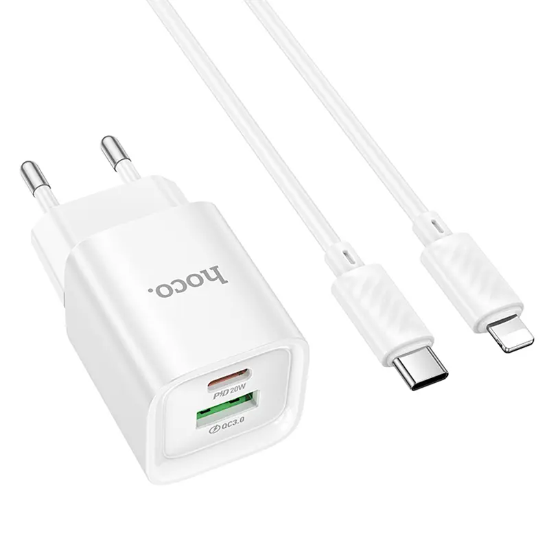 Мережевний зарядний пристрій Hoco C147A PD20W+QC3.0 1USB-A/1C + кабель Type-C to Lightning White - фото 2