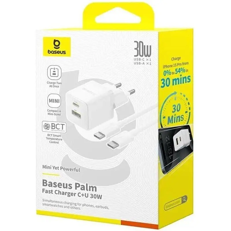 Мережевий зарядний пристрій Baseus Palm Fast Charger USB-A/USB-C 30W + Cable USB-C to USB-C 60W 1m White (P1011160A213-01) [168073] - фото 6