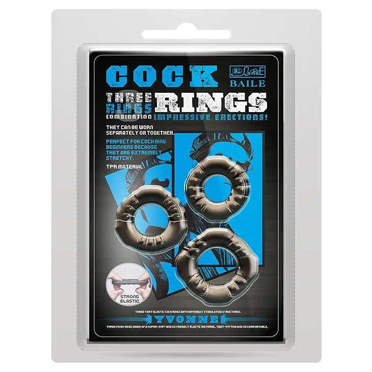 Набір ерекційних кілець Baile Cock ring Yvonne Set 3 шт. чорний - фото 2