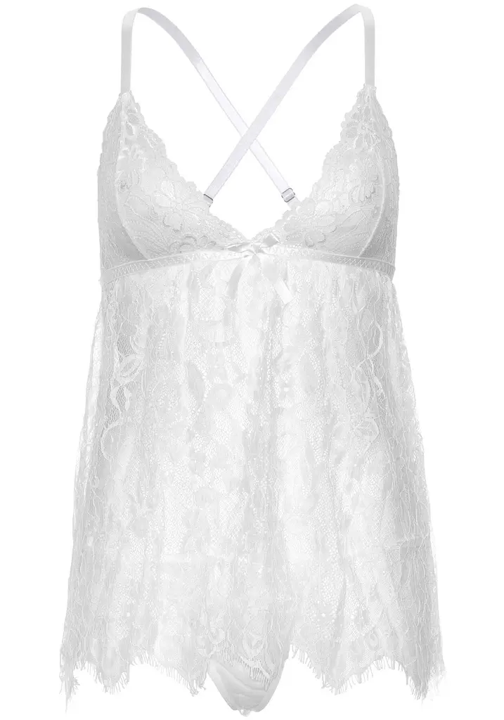 Сорочка бебі-дол Leg Avenue Floral lace babydoll & string White S, стрінги - фото 3