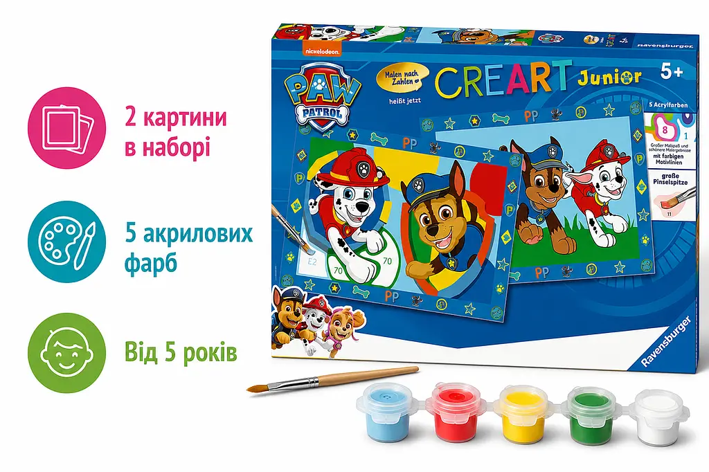 Картина за номерами Щенячий патруль Ravensburger CreArt Junior Paw Patrol 2 картини з рамкою 5 акрилових фарб від 5 років (SKU-278) - фото 2
