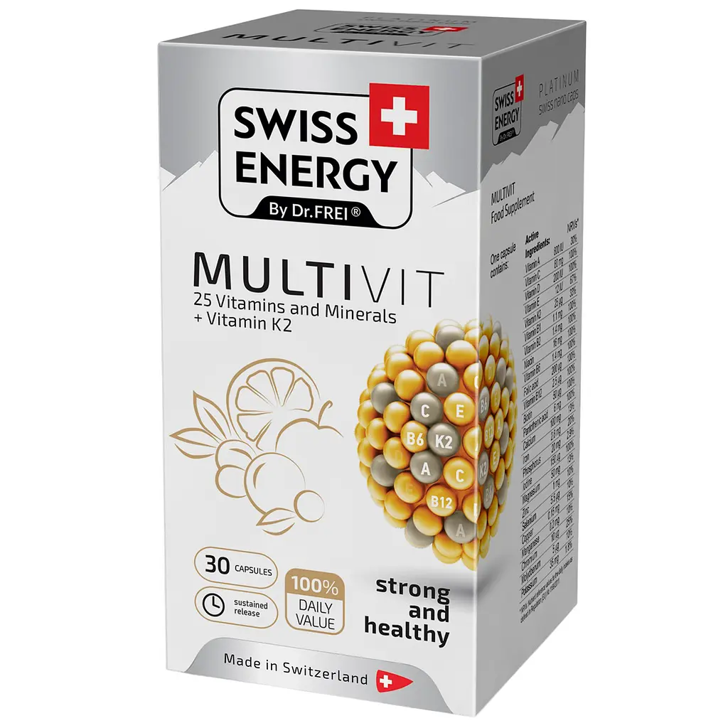 Мультивитамины с витамином К2 Swiss Energy Multivit 25 Vitamins and Minerals+Vitamin K2 30 капсул - фото 2
