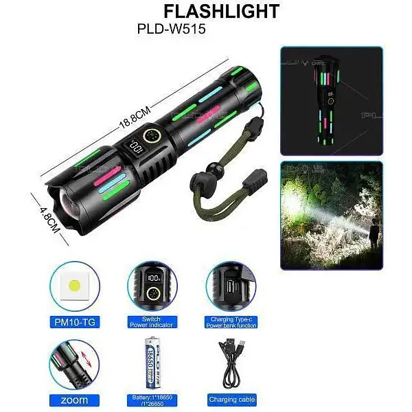 Ручний ліхтар W515-TG zoom + LCD + Type-C + PowerBank + 1х18650 (26650) 5 режимів - фото 5