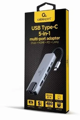 Хаб USB 5-in-1 Grey Type-C 3.2 - 1xType-C (87 Вт)/1xUSB 3.2/1xUSB 2.0/HDMI 4K/GLan Cablexpert teh0019586 - фото 2