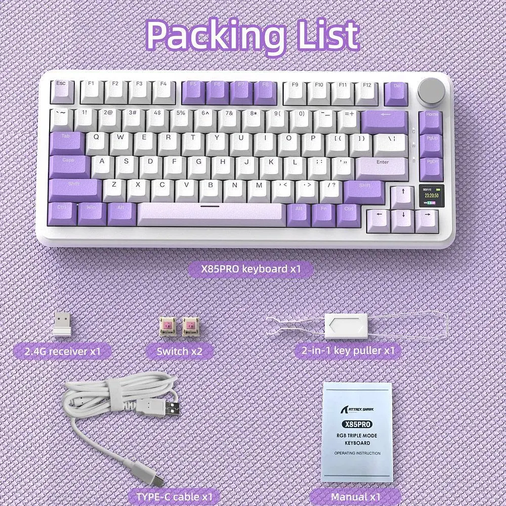 Клавіатура Attack Shark X85 Pro RGB Linear Blueberry Switches Wireless Lavender (AS-6972792471105-L) [166722] - фото 9