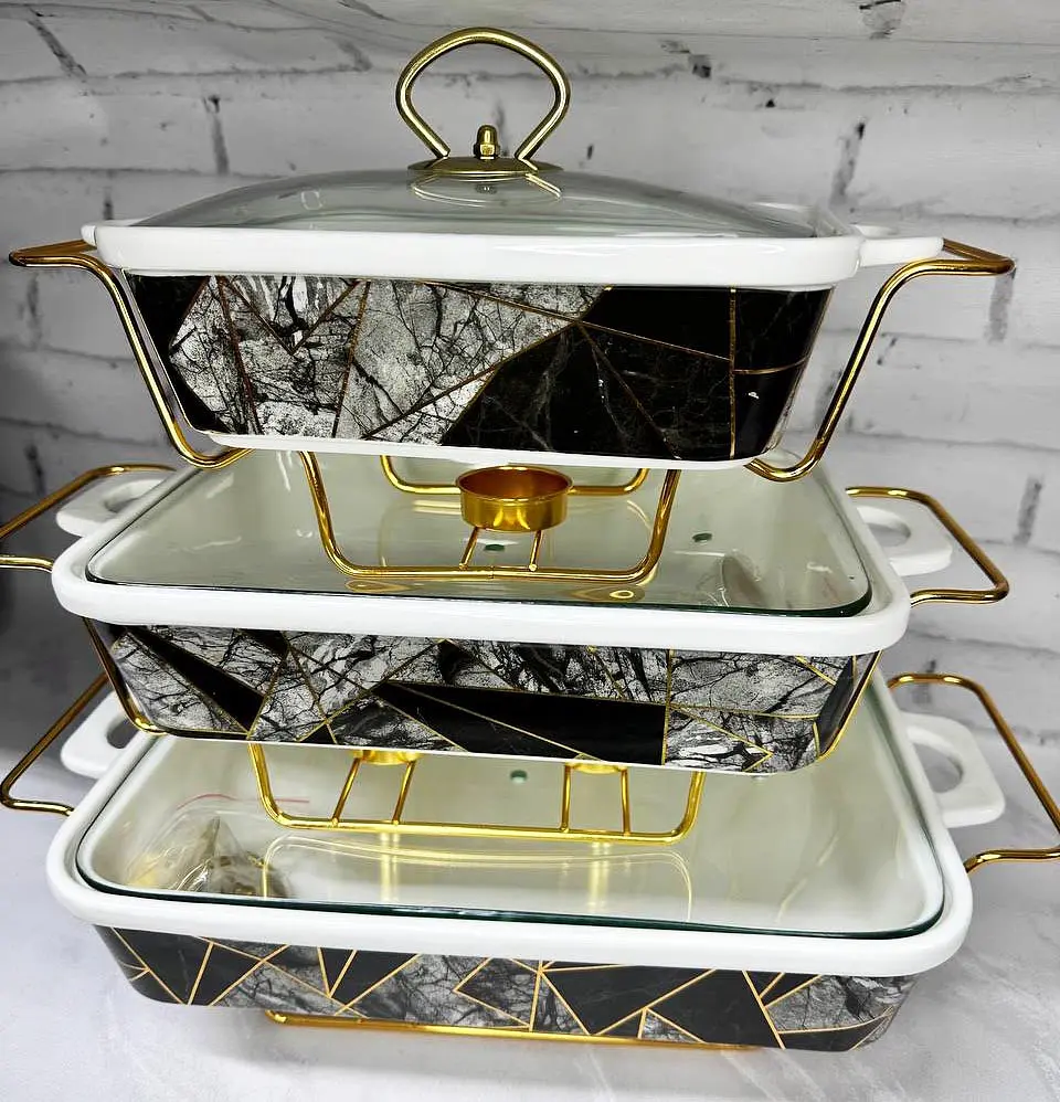 Набір з 3-х мармітів керамічних прямокутних Kitchen з кришками із скла Вітраж Золотий - фото 3