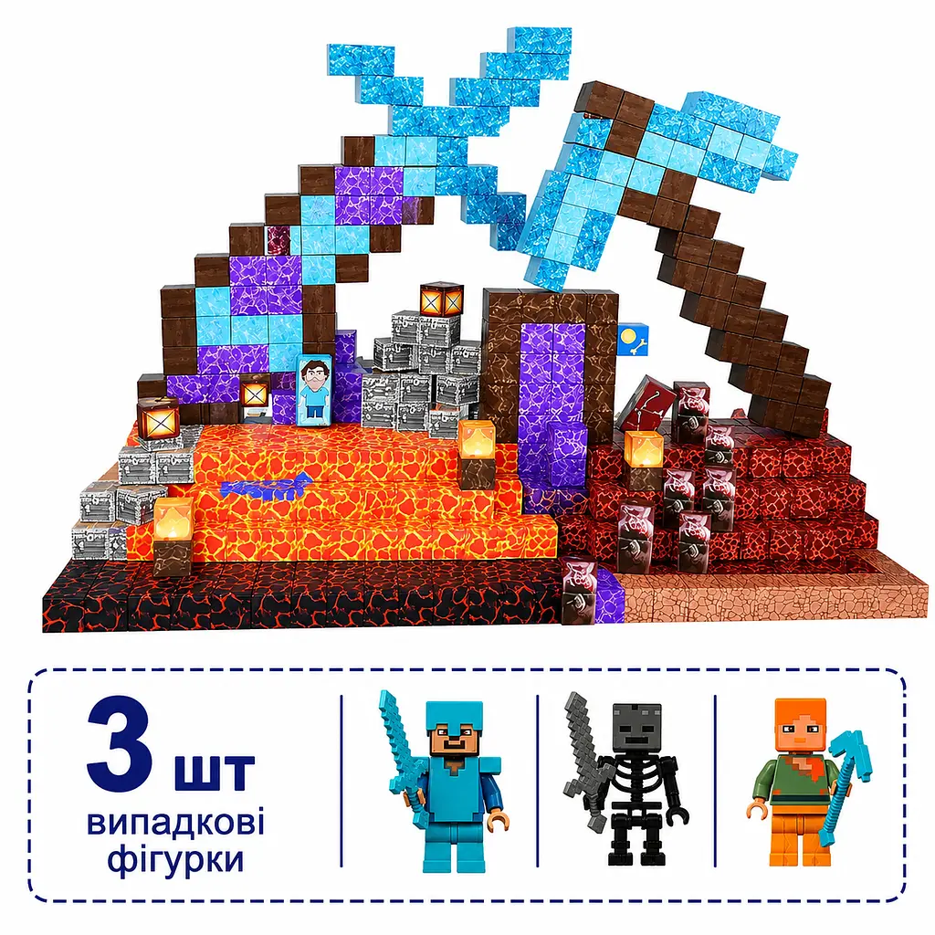 Магнітний конструктор Minecraft 100 шт + 3 фігурки по грі Майнкрафт Вулканічна зброя Mk001015 - фото 10