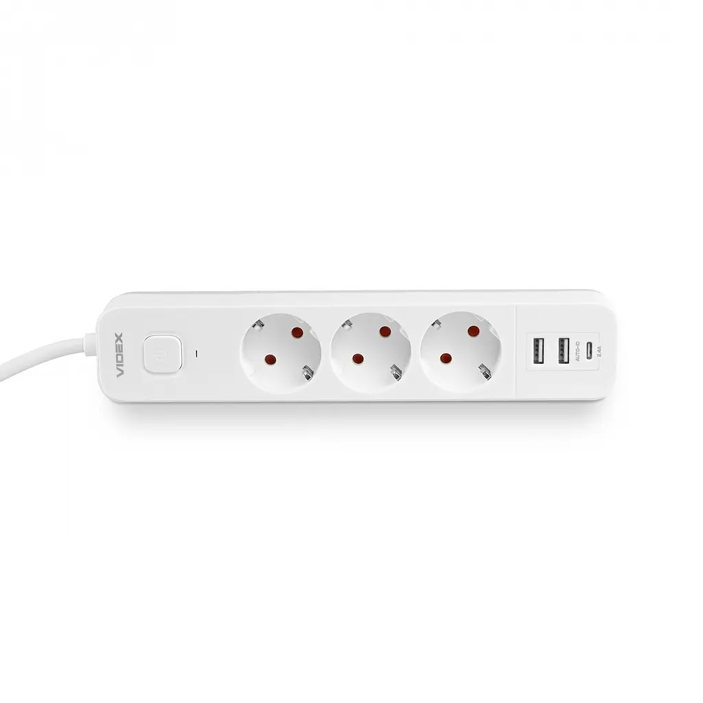 Сетевой удлинитель Videx Oncord з/з 3 п 3 м (3x1.5 мм) 2.4А 2USB+USB-C с кнопкой белый (VF-PD33G2U1C-W) - фото 2