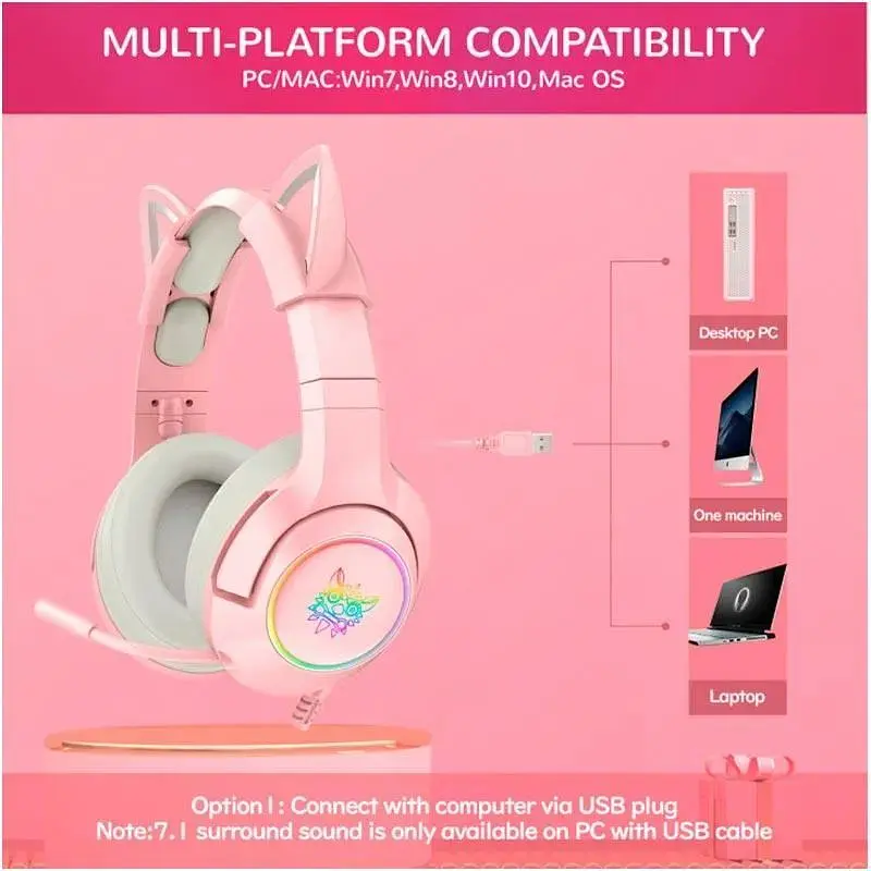 Наушники Onikuma Gaming Cat Ear K9 7.1 с ушками кота розовые с подсветкой - фото 4