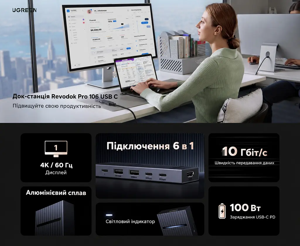 USB-C хаб UGREEN Revodok Pro CM818 6 в 1 HDMI до 4K 60 Гц 2 USB-A та 2 USB-C для даних USB 3.2 Gen 2 до 10 Гбіт/с вхід USB-C PD 3.0 до 100 Вт наскрізне заряджання ноутбука до 85 Вт HDMI потребує USB-C з відеовиходом заряджання потребує приймання живлення USB-C для 85 Вт потрібні зарядний пристрій PD 100 Вт і кабель Windows macOS Linux без драйверів Steam Deck ROG Ally індикатор алюмінієвий корпус вбудований кабель 20 см космічний сірий (45363) - фото 12