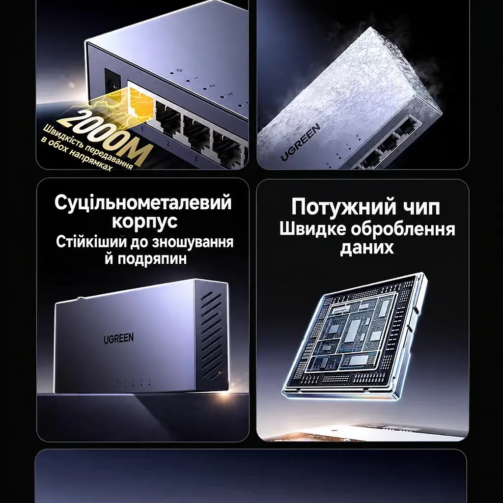 Некерований гігабітний Ethernet-комутатор UGREEN CM934 світч 8 портів RJ45 10/100/1000 Мбіт/с на порт комутаційна здатність 16 Гбіт/с блок живлення 5 В / 1 А у комплекті захист від імпульсних перенапруг 4 кВ Auto MDI/MDIX для прямих і перехресних патч-кордів автоматичне узгодження швидкості й дуплексу для настінного монтажу індикатори живлення та активності портів пасивне охолодження без вентилятора сталевий корпус сірий (55467) - фото 9