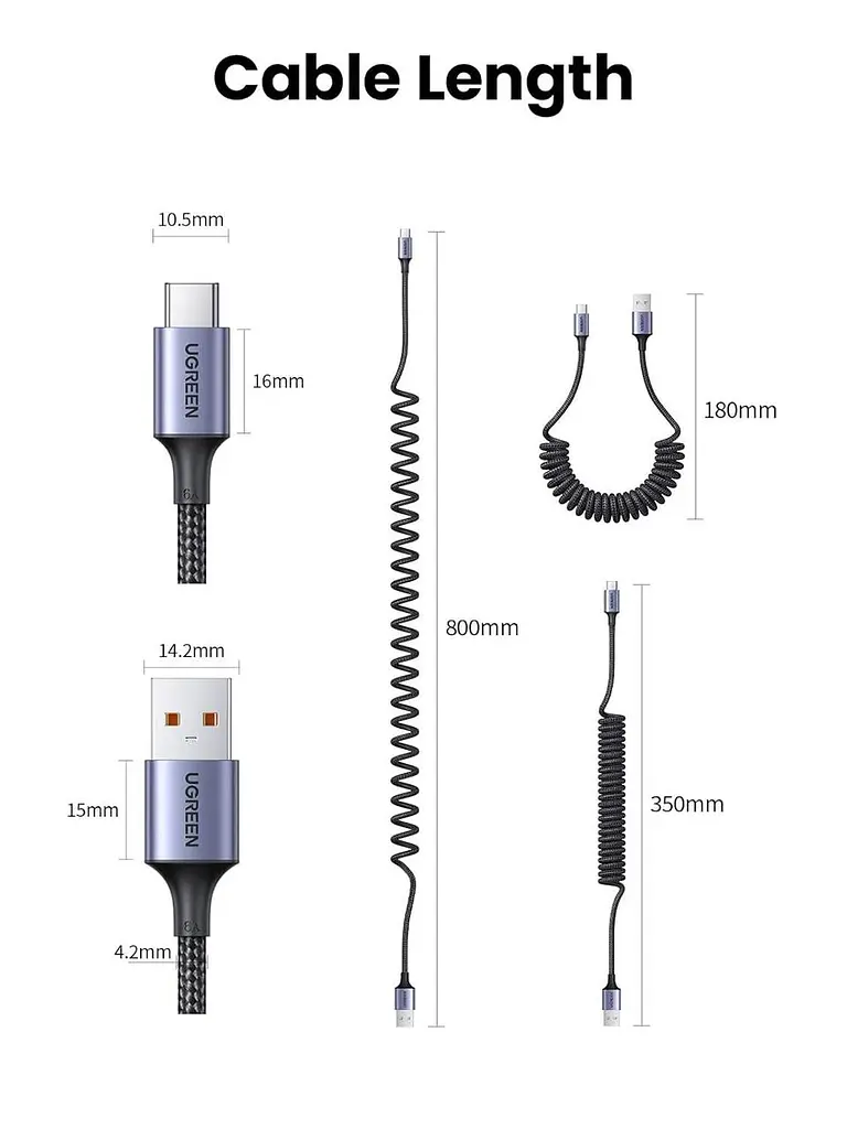 Кабель UGREEN US554 USB to Type-C PD QC 4.0/3.0 100W/6A for Huawei P60/ Mate 60 Pro and Xiaomi Supercharge 2M Space Gray - фото 8