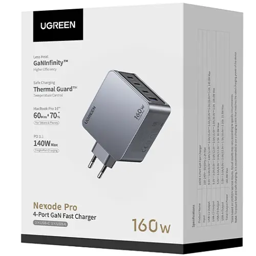 Зарядний пристрій 4xUSB 160W (3xUSB-C + USB-A) GaN + Type-C cable 100W сірий X763 Nexode Pro Ugreen - фото 3