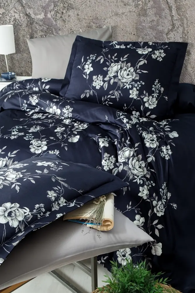 Турецька постільна білизна First Choice Cotton Satin Arya Navy blue євро - фото 2