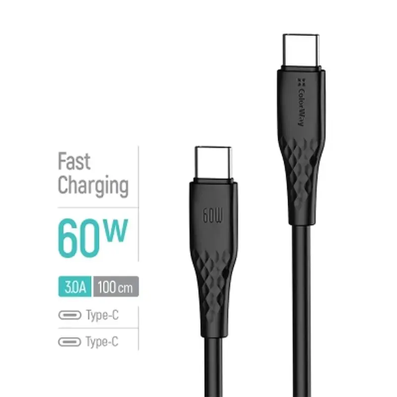 Дата кабель USB-C to USB-C 1.0m 3A 60W textured PVC black ColorWay (CW-CBPDCC094-BK) - фото 4