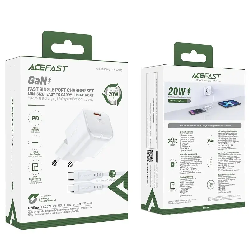 Мережевий зарядний пристрій з кабелем Acefast A73 mini PD20W GaN single USB-C charger set (C3-03) білий - фото 2