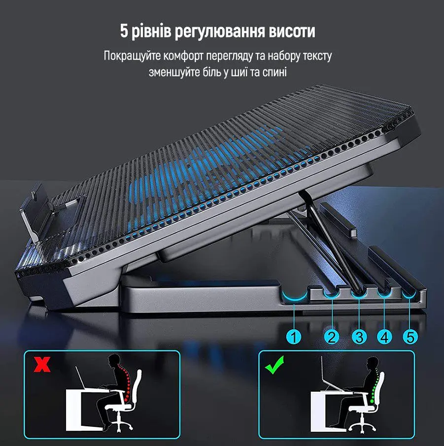 Охолоджувальна підставка для ноутбука 15.6 дюйма ColorWay Cooling Game CL-Q100 2xfans - фото 7