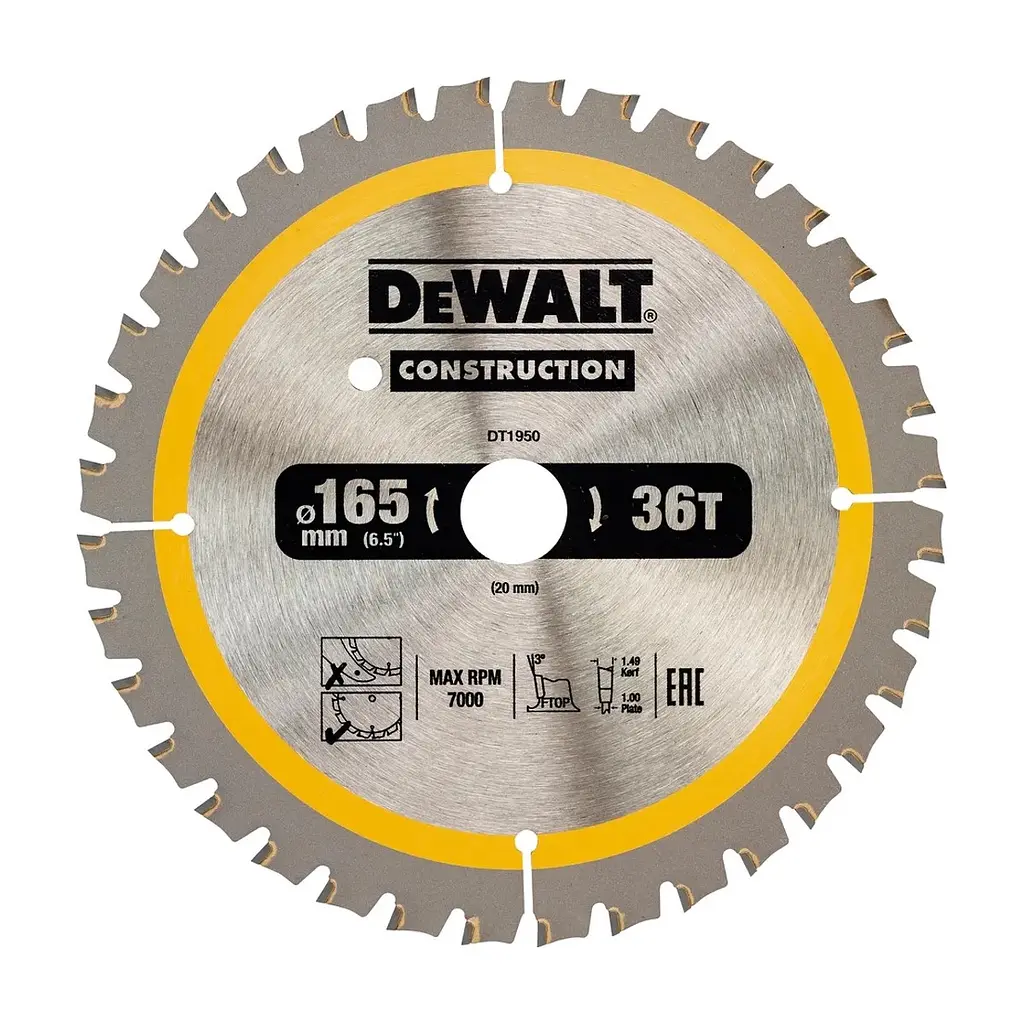 Диск пиляльний DeWALT CONSTRUCTION 165 х 20 мм, 36 z (ATB), 20 градусів (DT1950)