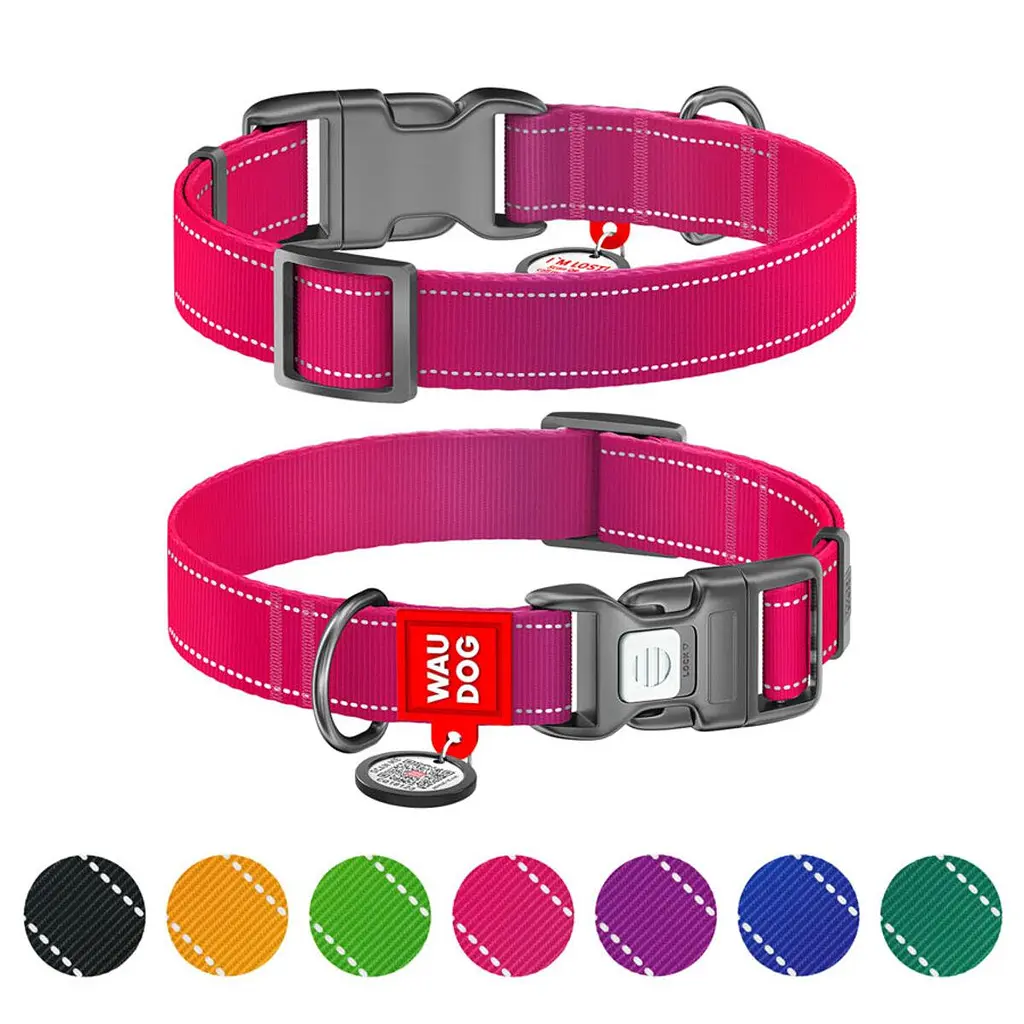 Ошейник для собак нейлоновый Waudog Nylon Mono с QR паспортом светоотражающий S розовый - фото 2