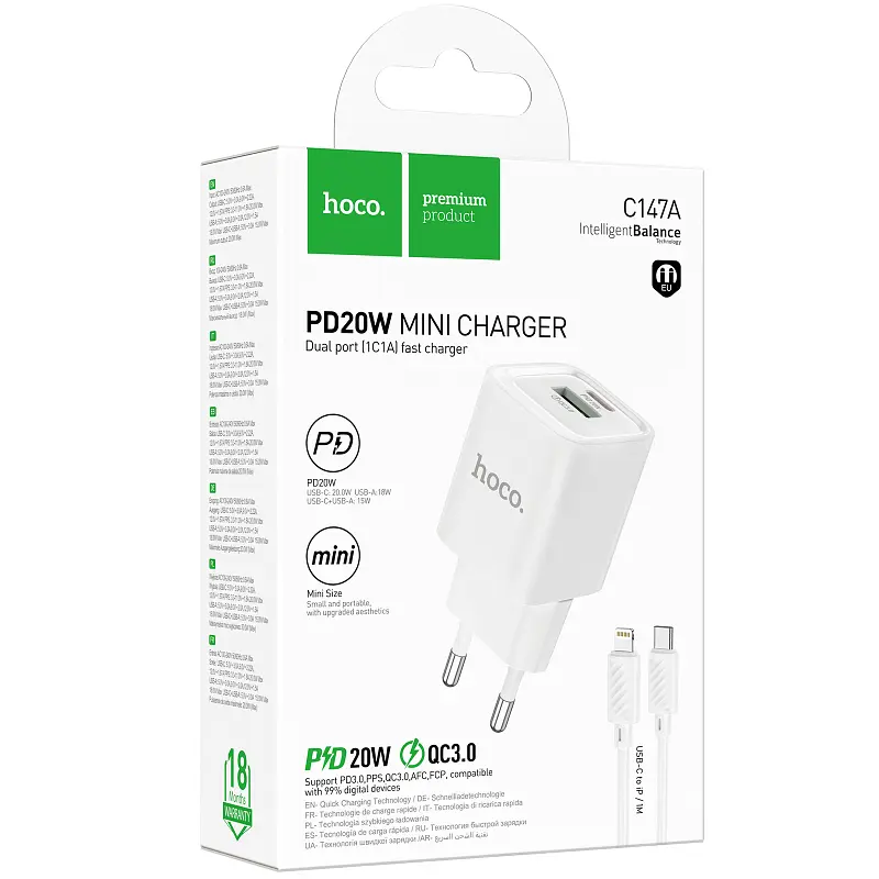 Мережевний зарядний пристрій Hoco C147A PD20W+QC3.0 1USB-A/1C + кабель Type-C to Lightning White - фото 3
