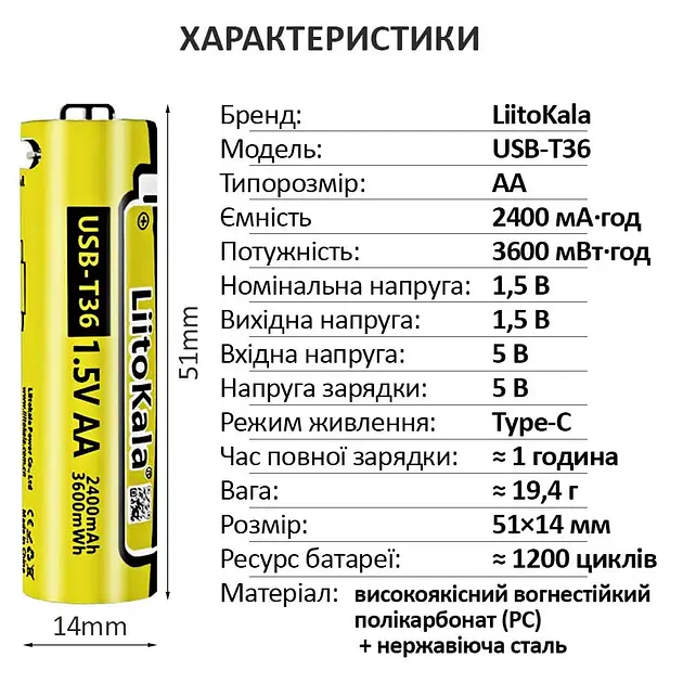 Акумулятор 14500 LiitoKala Li-ion R6 2400mAh USB-T36 1.5V - фото 5