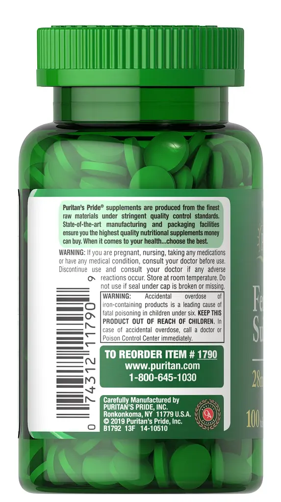Железо Puritan's Pride Iron Ferrous Sulfate 28 mg 100 таблеток - фото 3
